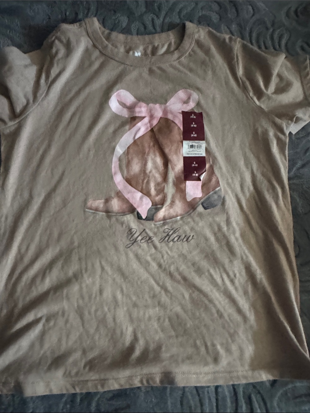 Women's Tan Graphic Tee with Pink Bow Accent